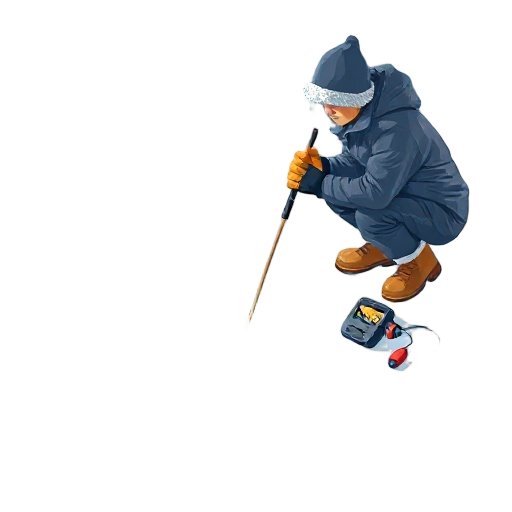 Carefully describe an image in great detail that needs to be generate, use quotes to split visual things. Depict a winter ice-fishing scene focused on “ice hole”, showing an adult angler in warm winter clothing crouched beside a circular drill opening