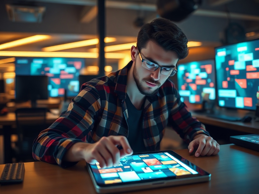 Modern hero scene of an adult gamer at a desk, glowing tablet showing abstract puzzle tiles, dynamic motion blur, warm lighting, confident mood, no logos.