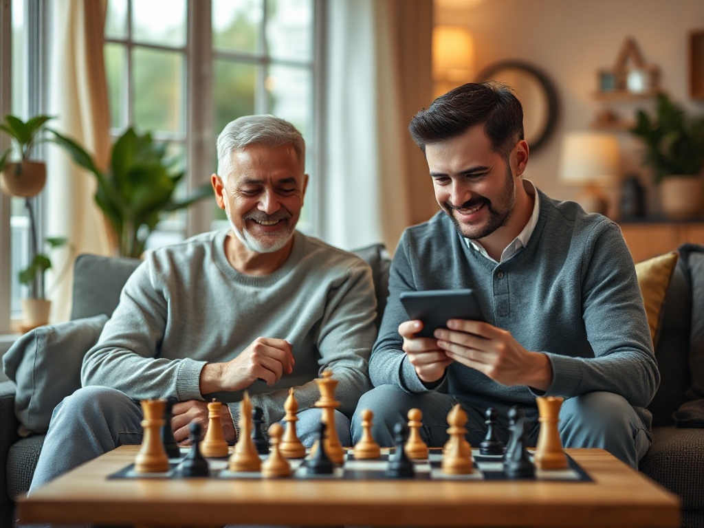 "Modern cozy living room" "adult man and woman" "mobile chess game on tablet" "friendly competitive smiles" "soft evening light" "abstract chess pieces" "shallow depth of field".