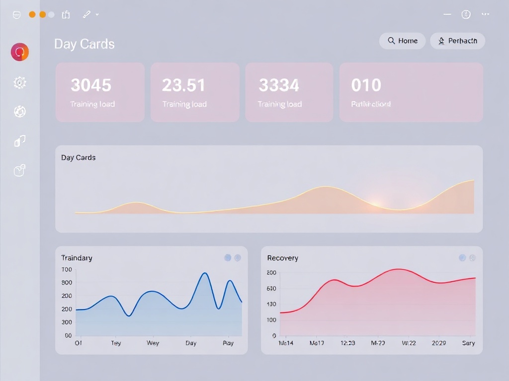 "interactive sports dashboard" "three glowing day cards" "charts turning into simple paths" "training load and recovery icons" "pulse line trends" "motivating upward motion"