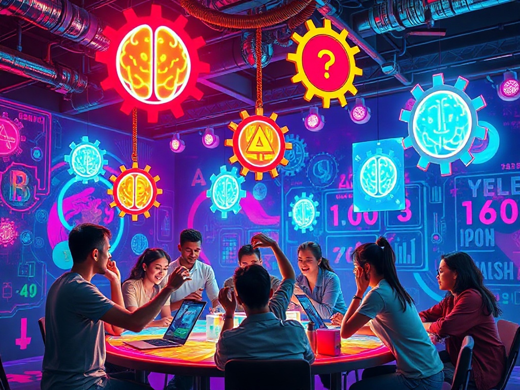 "A vibrant, futuristic puzzle hub. Diverse adults solving luminous, floating riddles; dynamic colors, neon-lit gears, brainwave motifs; inviting, energetic atmosphere."
