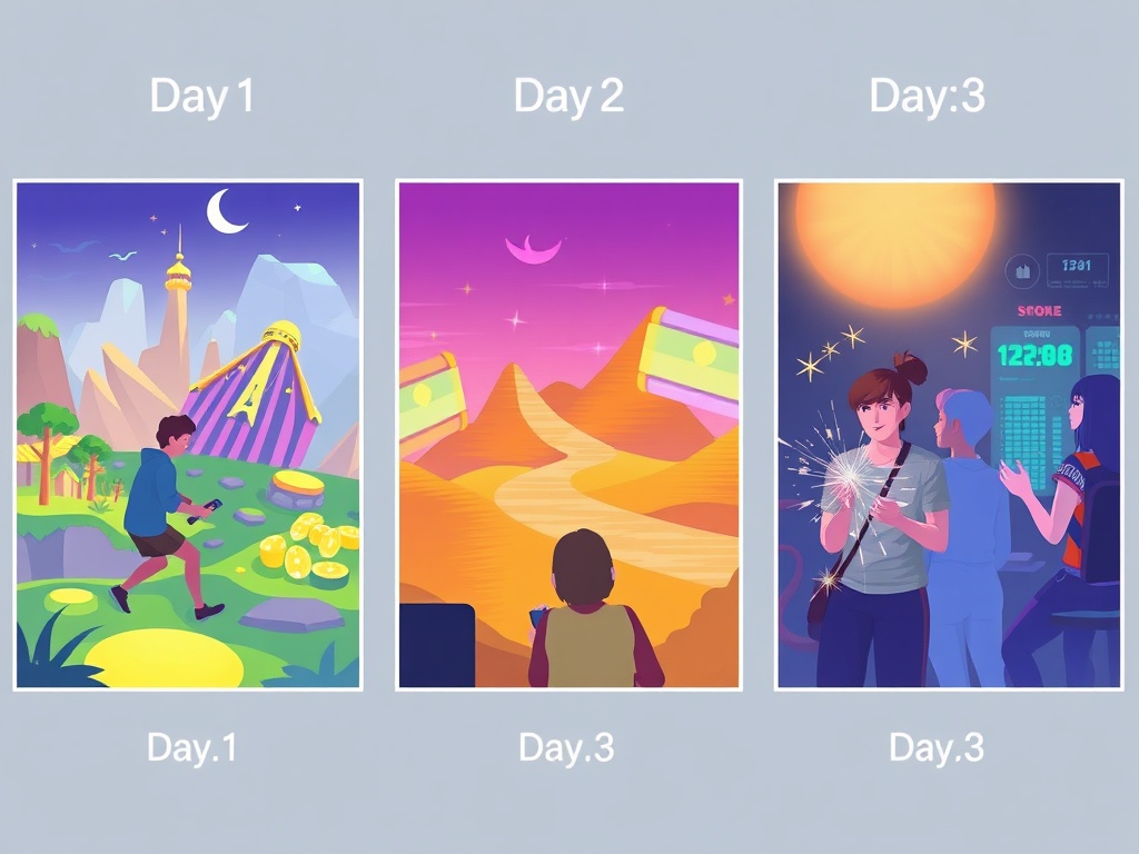 "Three-panel digital illustration showing casual gaming