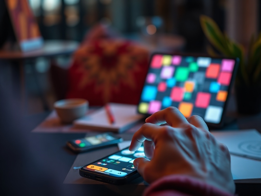 "modern adult puzzle game interface" "glowing tiles" "time pressure timerless blur" "focused hands on phone" "dynamic colorful patterns" "calm evening desk"