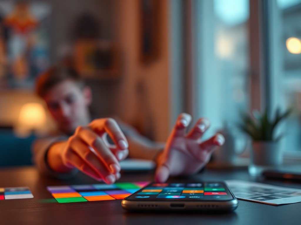 "modern adult puzzle game interface" "glowing tiles" "time pressure timerless blur" "focused hands on phone" "dynamic colorful patterns" "calm evening desk"