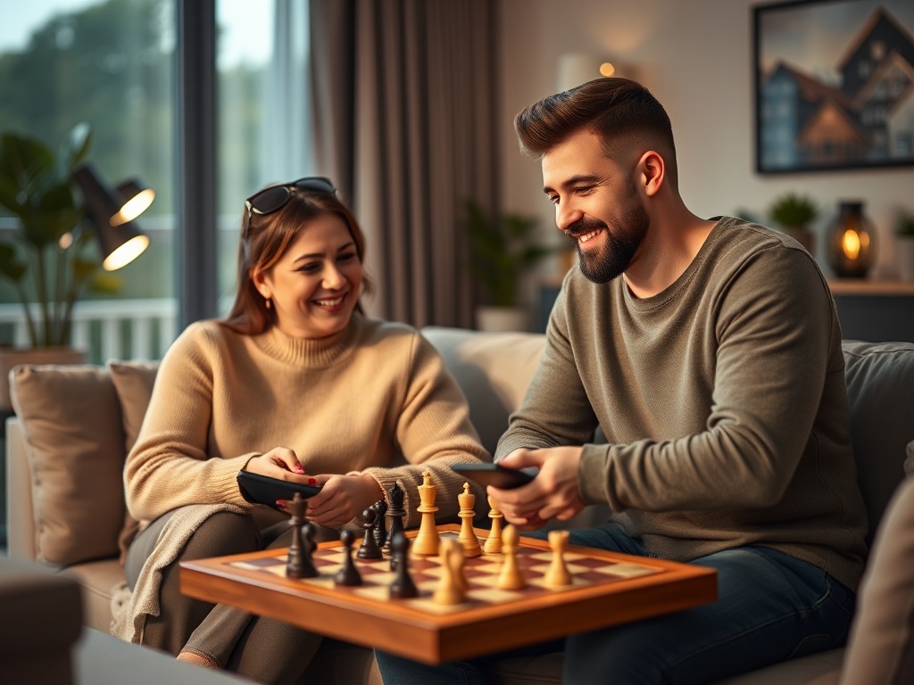 "Modern cozy living room" "adult man and woman" "mobile chess game on tablet" "friendly competitive smiles" "soft evening light" "abstract chess pieces" "shallow depth of field".