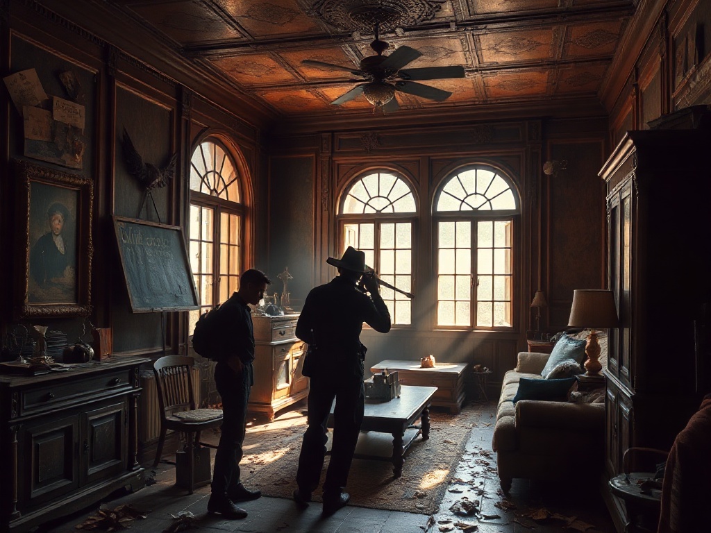 "An immersive, sunlit puzzle room with antique furniture, scattered clues, and subtle hidden objects peeking from shadows; curious explorer silhouettes search intently."