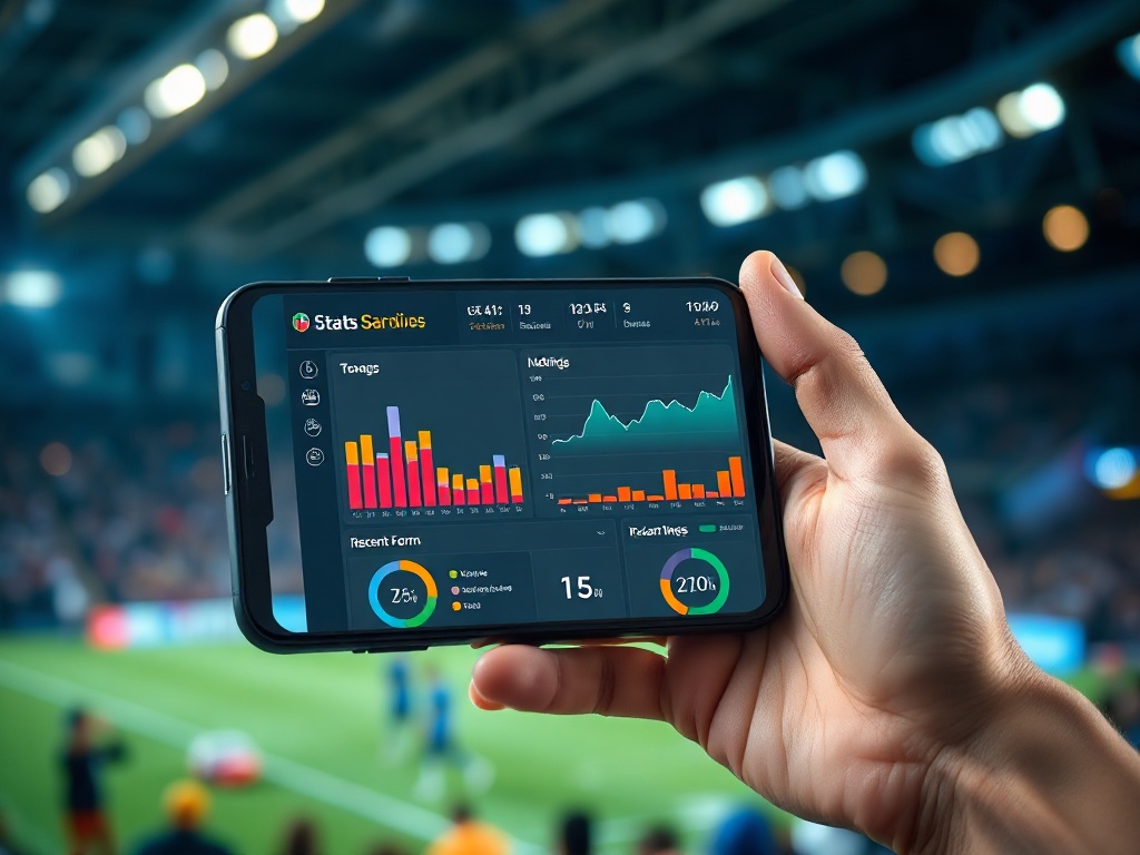 "photorealistic smartphone screen showing colorful football stats dashboards, team comparison charts, recent form graph, clean icons, sleek UI glow, stadium background bokeh, modern young audience vibe"