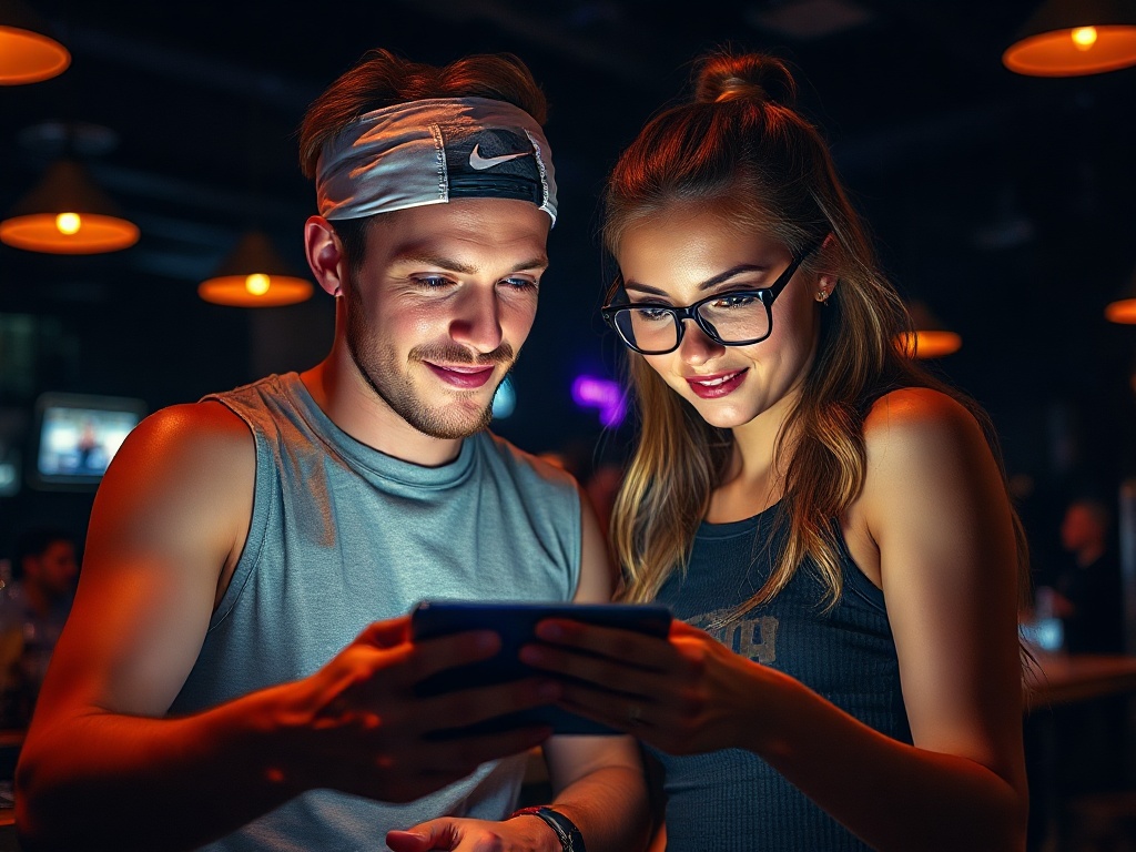 A sporty young man and woman in a bar, focused on a smartphone showing basketball real-time analytics, glowing charts, energetic night lighting." "You MUST not include ANY brand images or logos. You may ONLY reply with the format given. If you do NOT do s