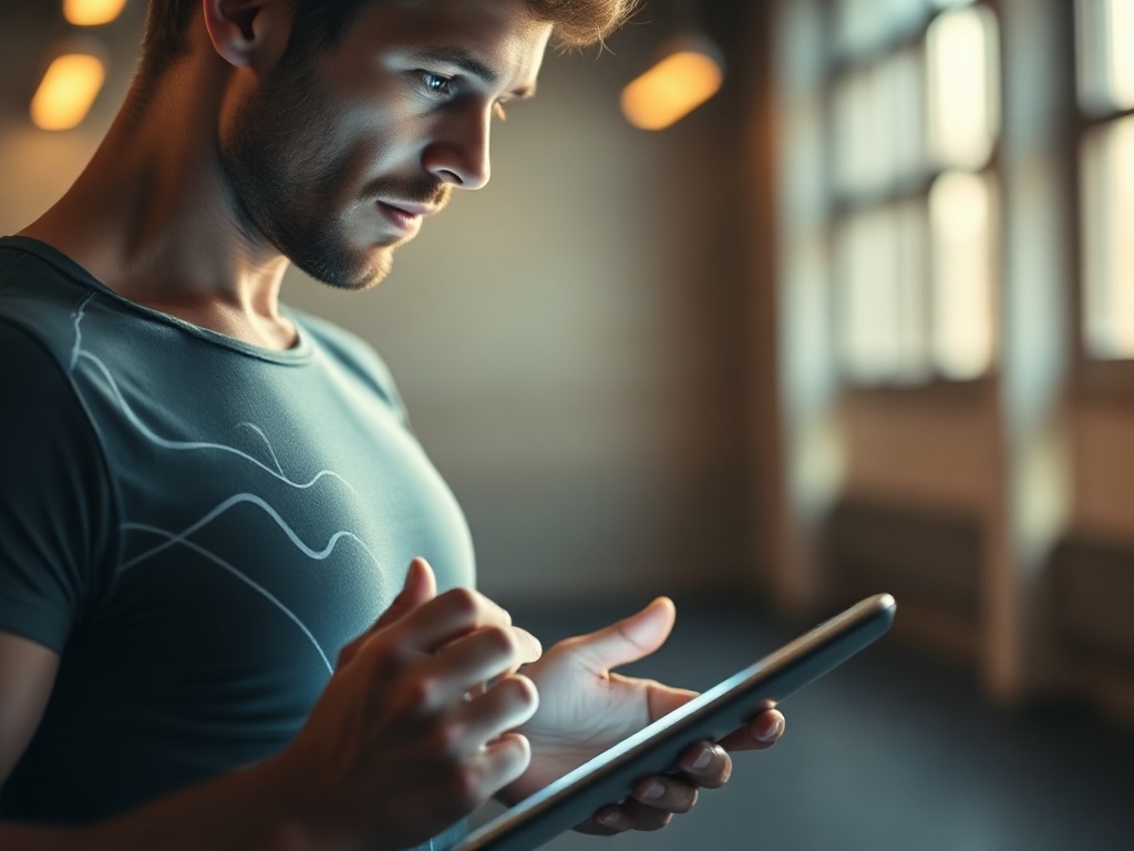 A modern athletic person reviewing glowing training insights on a tablet, visible graphs as abstract lines, warm motivating lighting, dynamic motion blur, clean UI-like shapes.