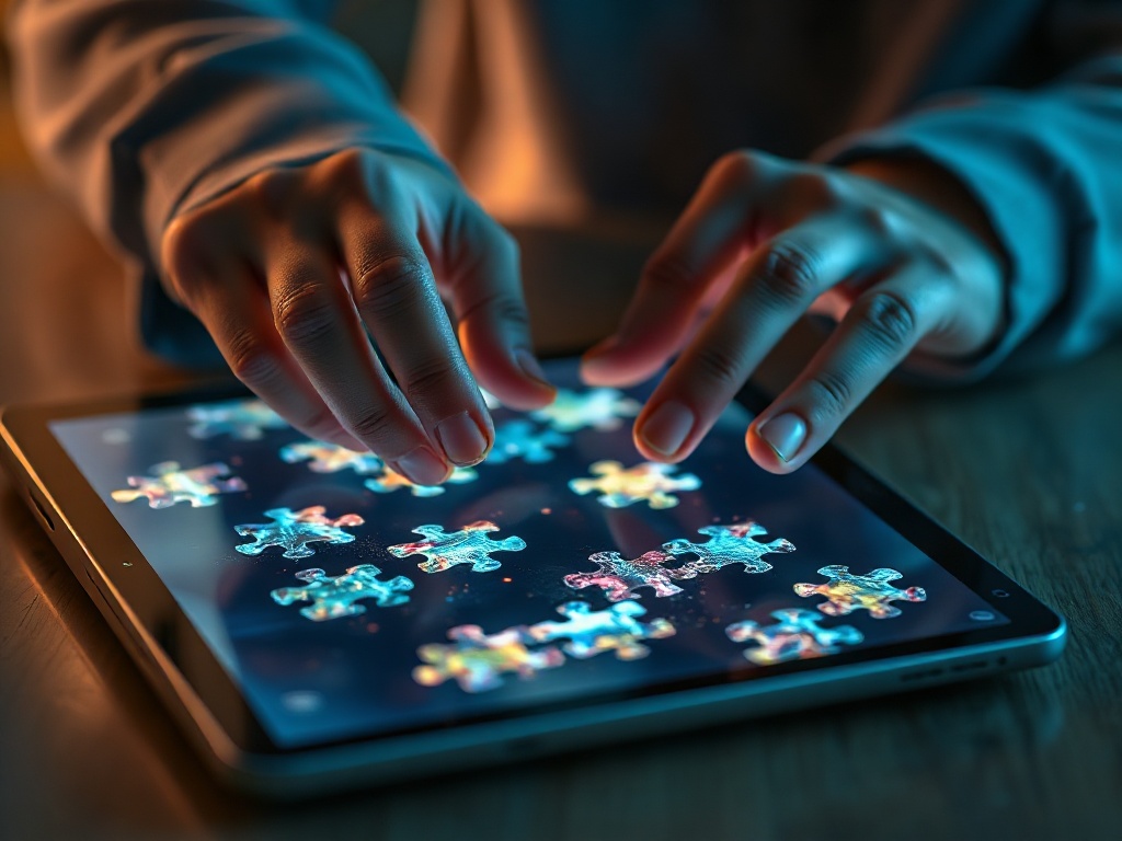 "Close-up of adult hands solving a glowing jigsaw on a sleek tablet, dynamic time-pressured puzzle tiles, relaxed ambient lighting, subtle motivational vibe."