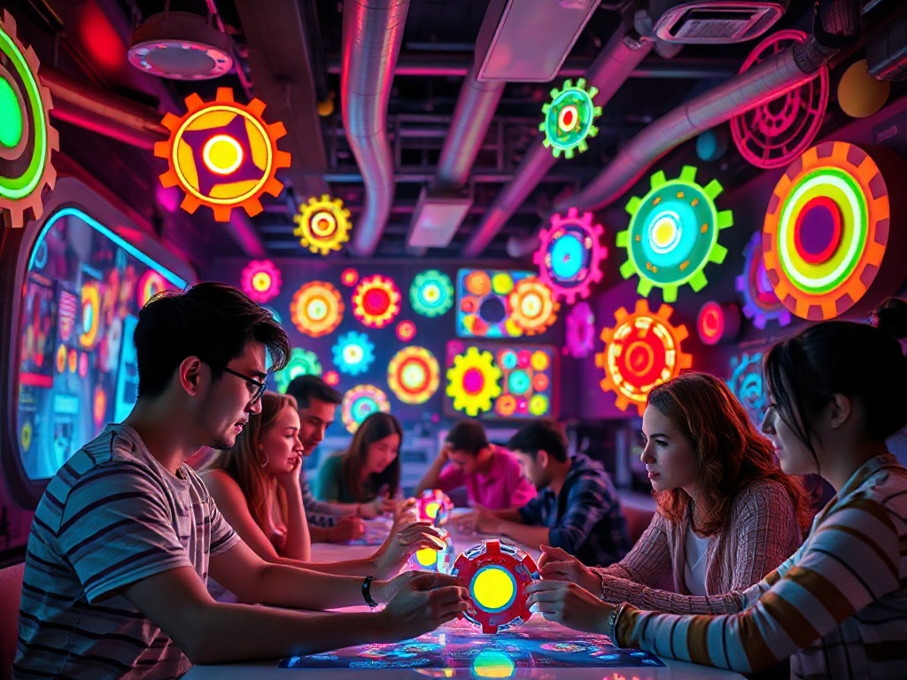 "A vibrant, futuristic puzzle hub. Diverse adults solving luminous, floating riddles; dynamic colors, neon-lit gears, brainwave motifs; inviting, energetic atmosphere."