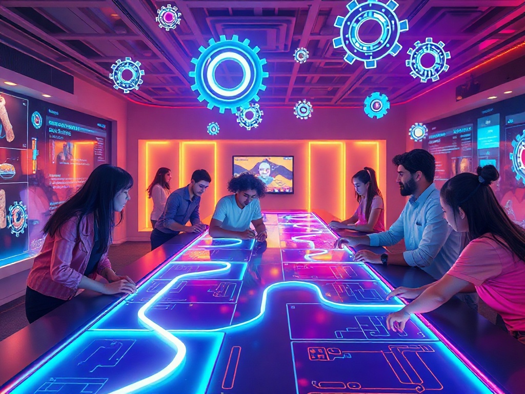 "A vibrant, modern game interface scene with diverse adults solving puzzles, glowing neon paths, floating cognitive gears, warm lighting, inviting atmosphere, dynamic, friendly."