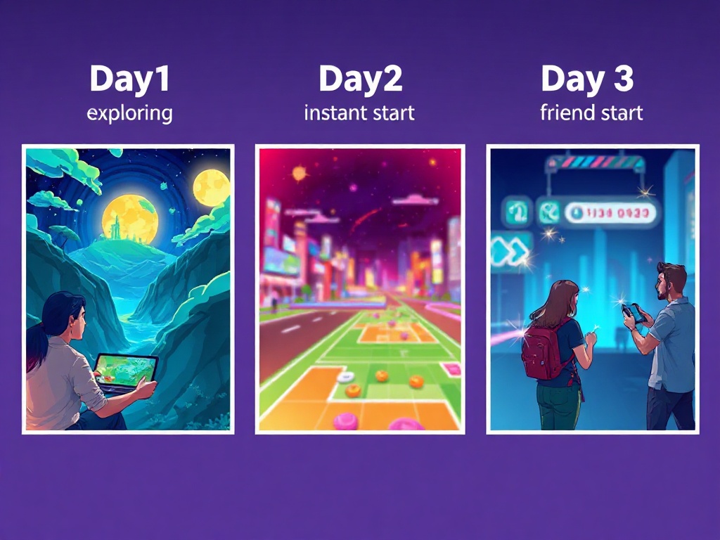 "Three-panel digital illustration showing casual gaming