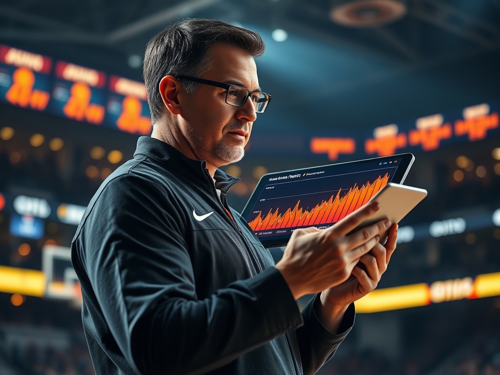 A coach holding a tablet showing basketball real-time analytics "score trend" "shot percentages" "rebounds" in glowing charts, sports arena, dramatic lighting, focused man 20-45.