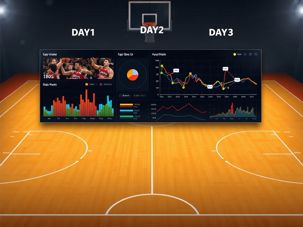 A split-screen basketball analytics dashboard "Day1 Day2 Day3" glow lines, live shot charts, passing networks, player heatmap, dynamic court background, modern flat style, no logos.