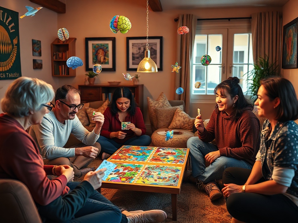 "A vibrant, cozy living room with diverse adults solving colorful puzzles, brain-teaser motifs floating, warm lighting, varied challenges, dynamic expressions of focus and joy."
