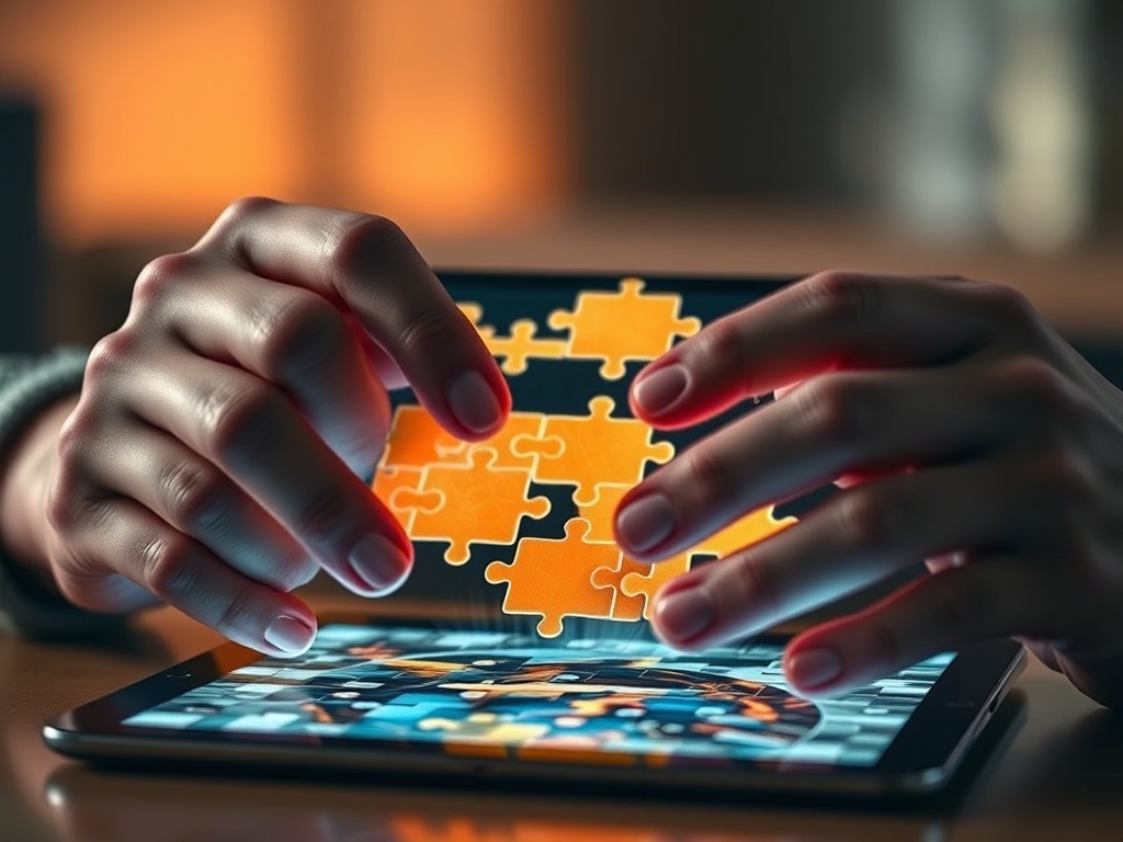 "Close-up of adult hands solving a glowing jigsaw on a sleek tablet, dynamic time-pressured puzzle tiles, relaxed ambient lighting, subtle motivational vibe."
