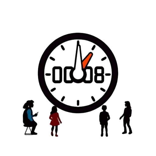 Carefully describe an image featuring a stylized "joystick" icon combined with a "timer" symbol and small "friends" silhouettes arranged around it to suggest easy, fast casual gaming anytime; include clean thick outlines, simple shapes, high-contrast flat