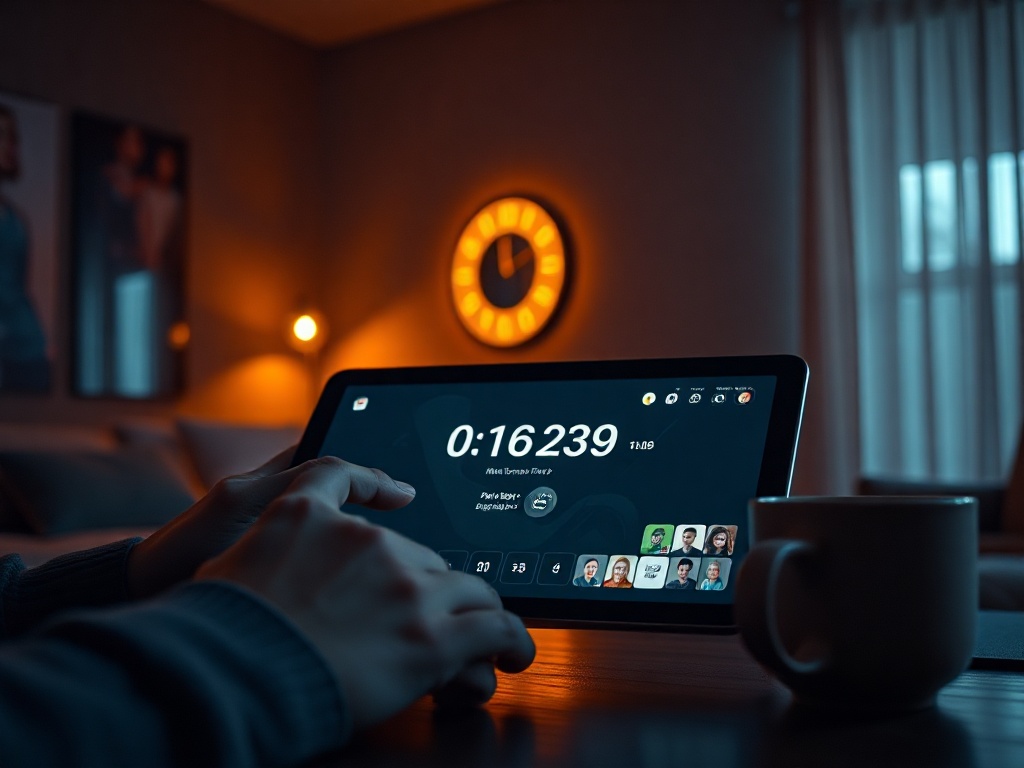 Modern dim room with warm neon glow, adult hands solving a sleek sliding puzzle on a tablet, timer-like blur, friendly competitive vibe, coffee cup, subtle icons of friends as avatars, dynamic composition, high detail, shallow depth of field, 16:9.