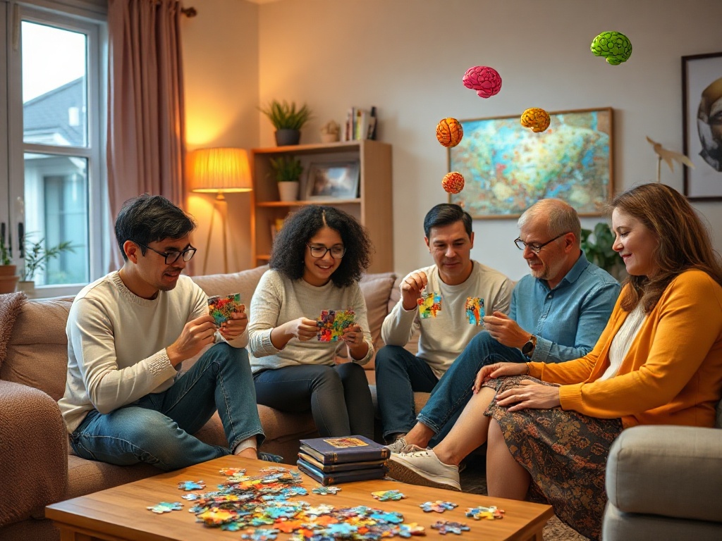 "A vibrant, cozy living room with diverse adults solving colorful puzzles, brain-teaser motifs floating, warm lighting, varied challenges, dynamic expressions of focus and joy."