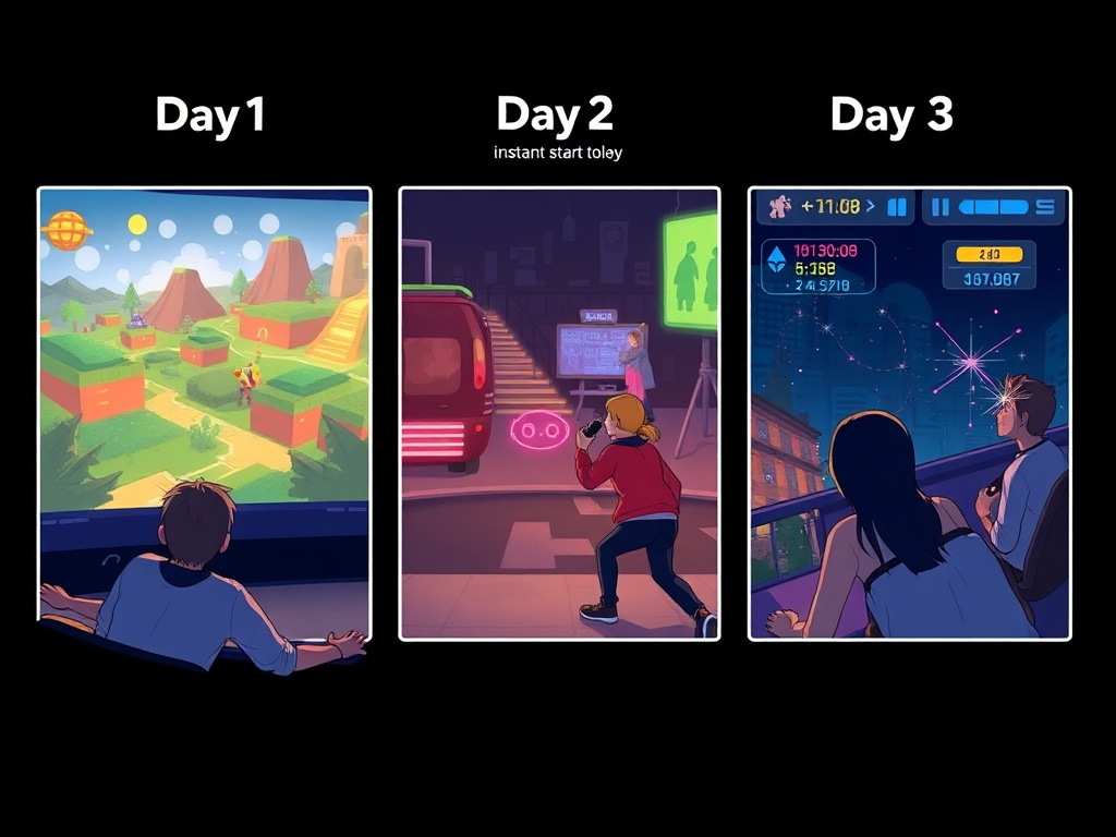 "Three-panel digital illustration showing casual gaming