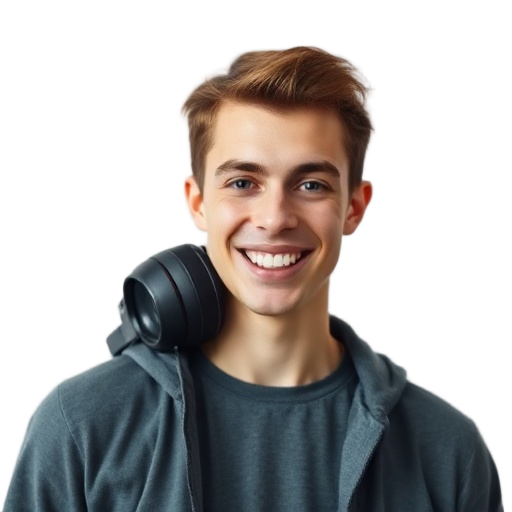 A smiling young man gamer to the camera with a clean white background looking like