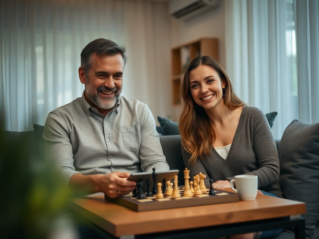 "Modern cozy living room" "adult man and woman" "mobile chess game on tablet" "friendly competitive smiles" "soft evening light" "abstract chess pieces" "shallow depth of field".