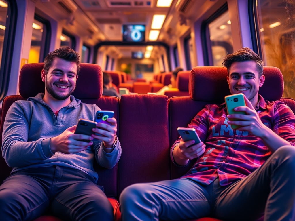 "young men relaxing on couches and during commute, smiling, holding smartphones, vibrant casual game icons style interface glow, warm lighting, modern." "