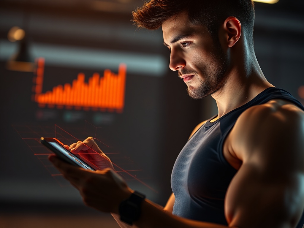 A modern athletic person reviewing glowing training insights on a tablet, visible graphs as abstract lines, warm motivating lighting, dynamic motion blur, clean UI-like shapes.