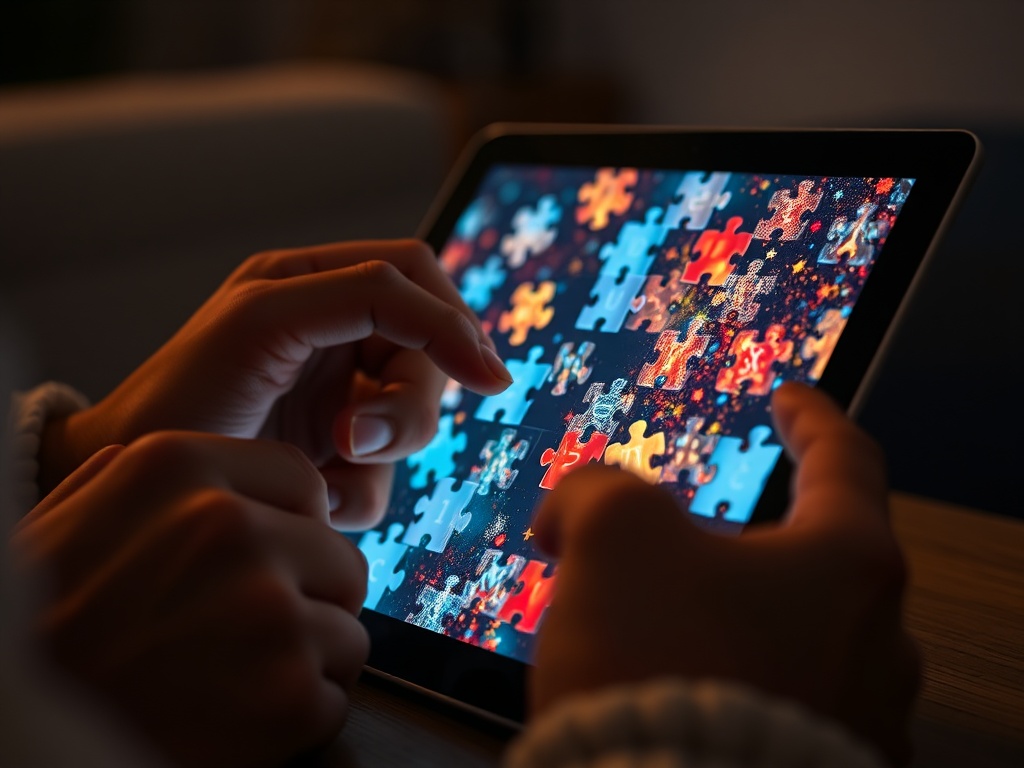 "Close-up of adult hands solving a glowing jigsaw on a sleek tablet, dynamic time-pressured puzzle tiles, relaxed ambient lighting, subtle motivational vibe."