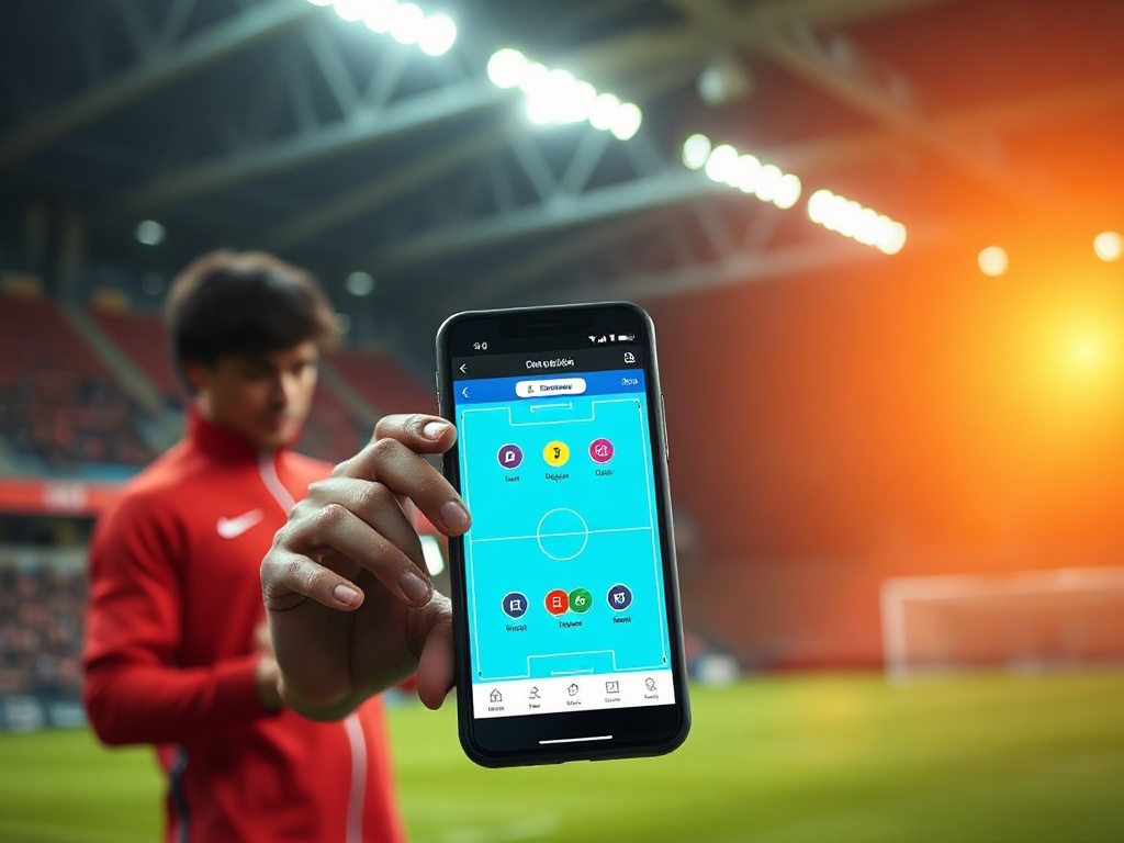 A modern football coach mentoring youths, holding a smartphone showing abstract pitch, goal, pass, possession chart icons; vibrant stadium lights, clean UI glow, depth of field.
