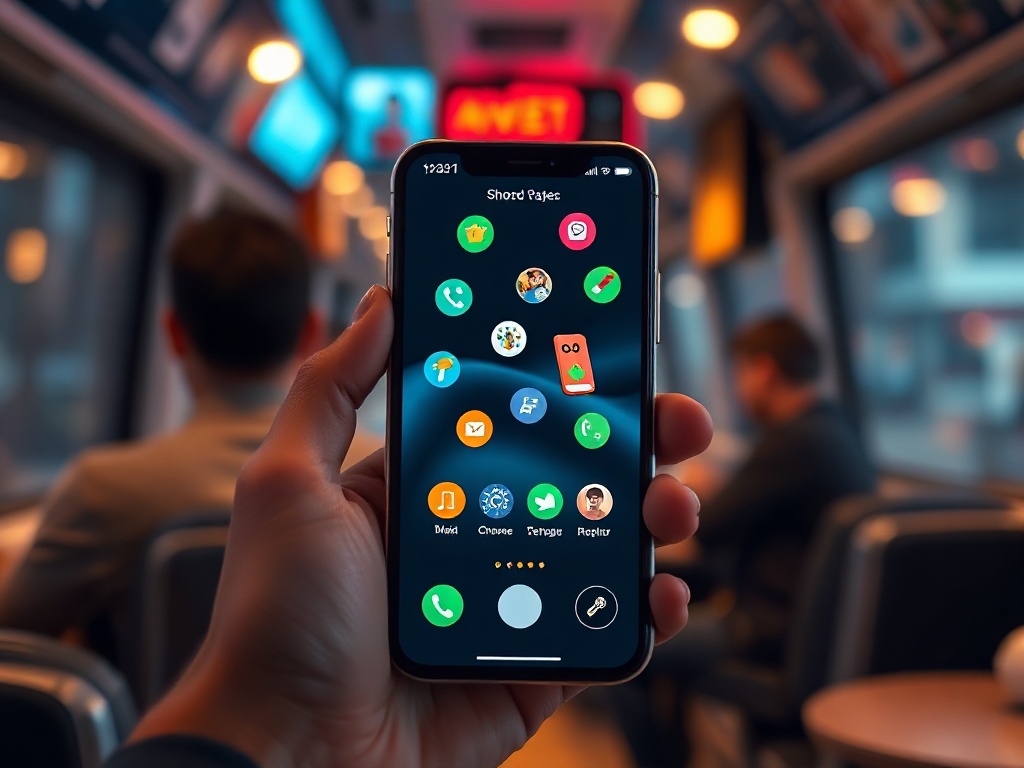 "modern smartphone UI glow in hand" "casual game icons floating" "busy evening commute blur" "cozy room lighting" "competitive scoreboard shapes" "energetic yet relaxed mood"