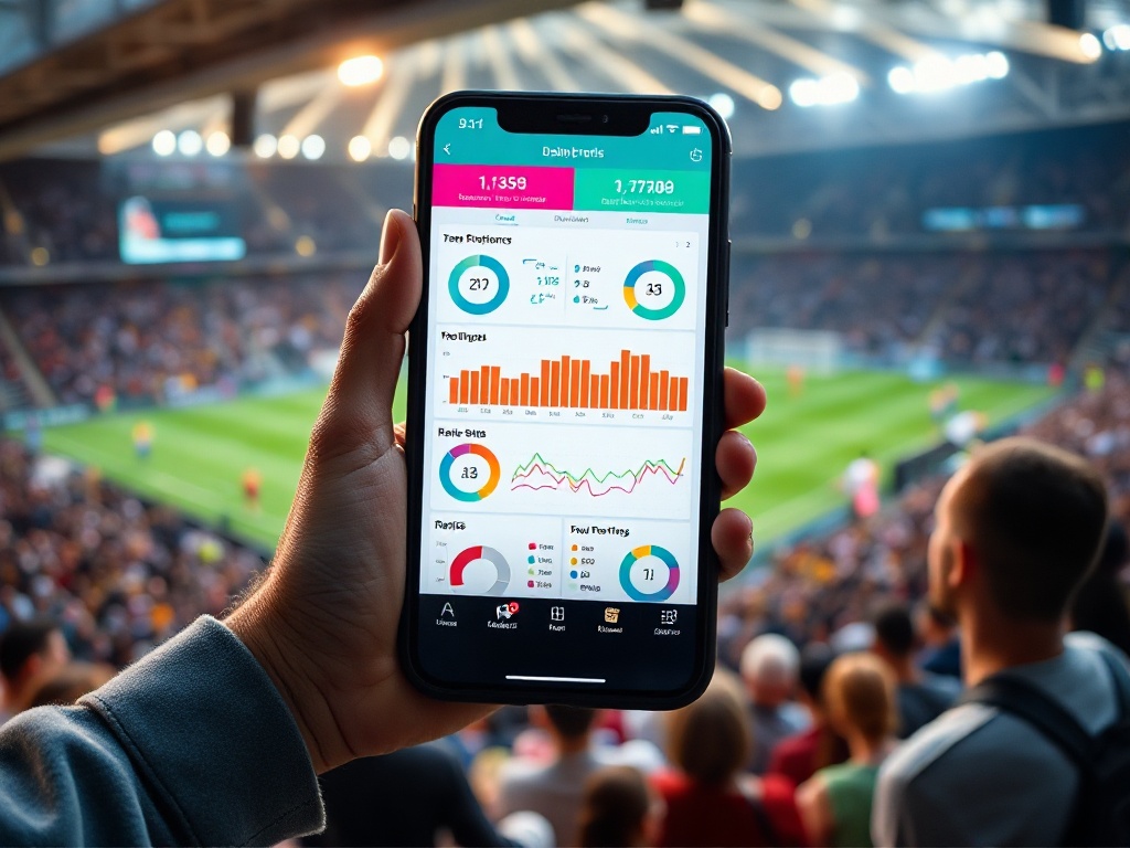 "photorealistic smartphone screen showing colorful football stats dashboards, team comparison charts, recent form graph, clean icons, sleek UI glow, stadium background bokeh, modern young audience vibe"