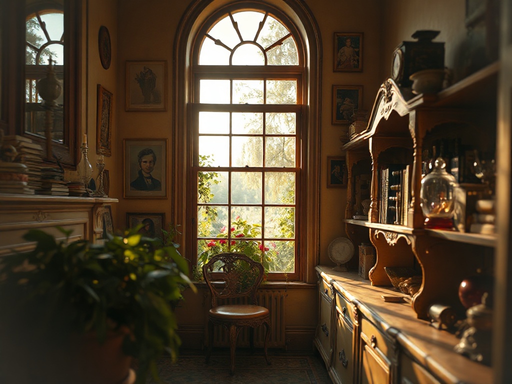 "A tranquil, sunlit Victorian-style room with ornate shelves,散 English garden through window, hidden objects peeking from corners, warm colors, dust motes, soft focus, mysterious atmosphere."