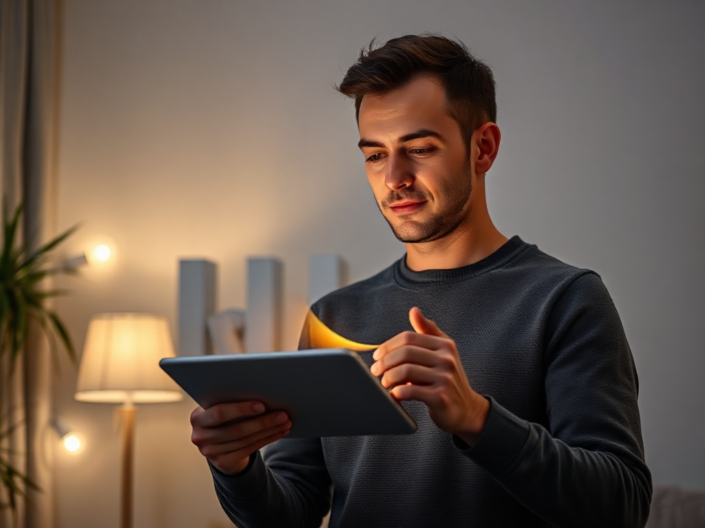 "A focused adult man holding a tablet with an abstract sliding puzzle; glowing score bars rise; subtle prana-like light swirls around his breathing posture." "Use cinematic lighting, modern minimal interior, high detail, no logos."
