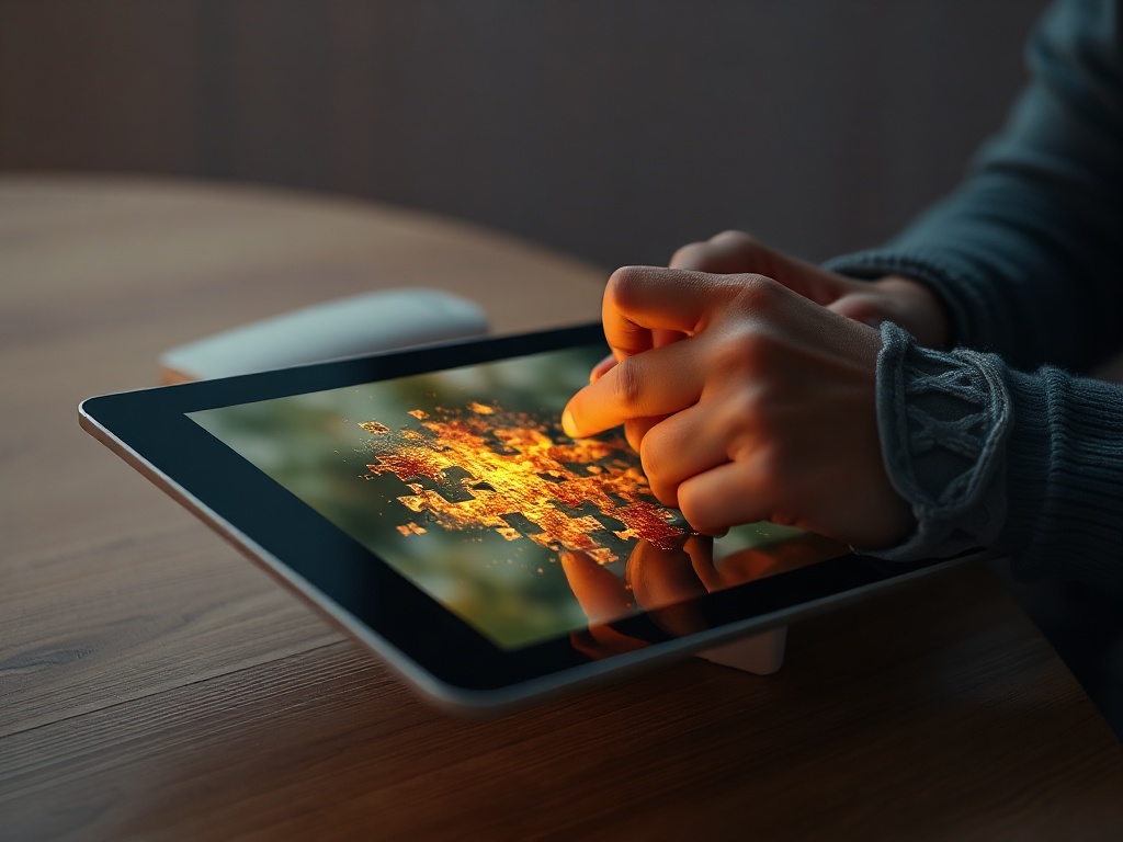 "Close-up of adult hands solving a glowing jigsaw on a sleek tablet, dynamic time-pressured puzzle tiles, relaxed ambient lighting, subtle motivational vibe."