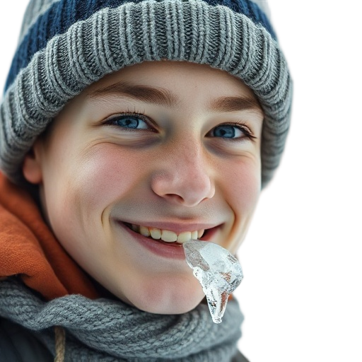A smiling young angler with icy breath, wearing winter beanie, subtle background frost bokeh, white background