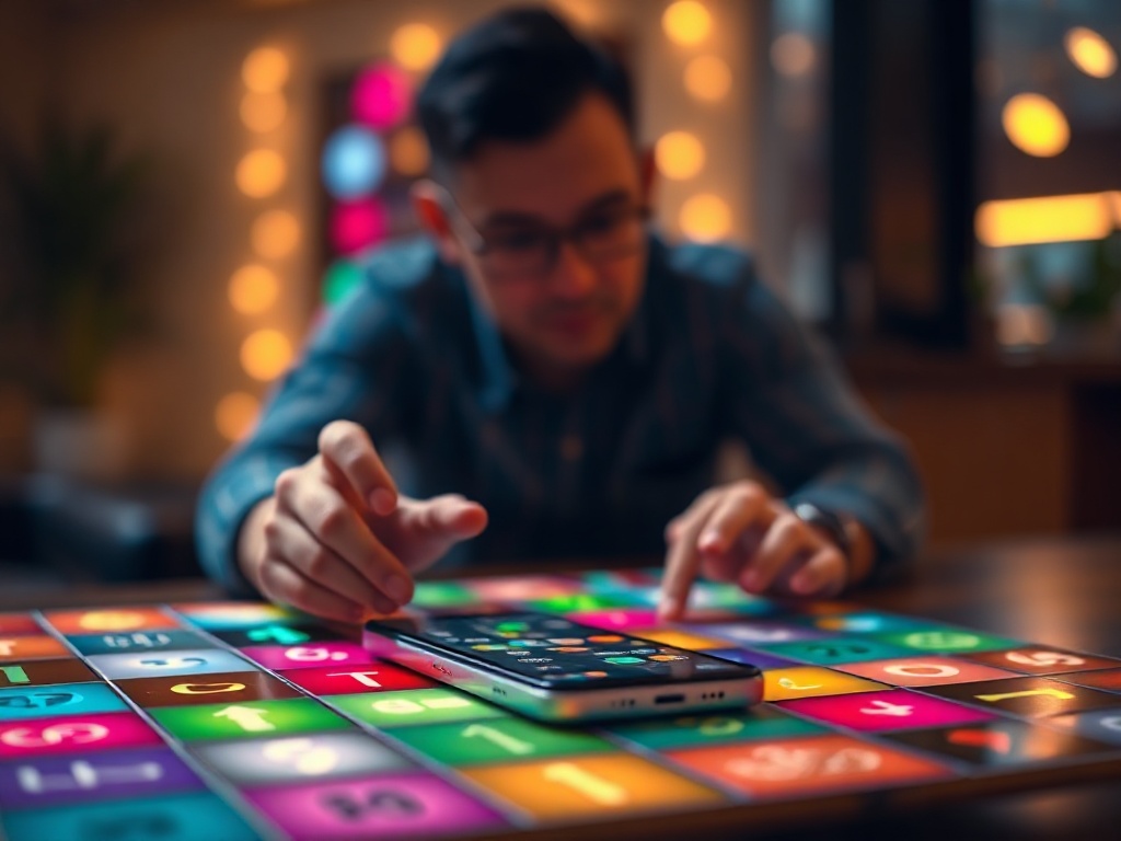 "modern adult puzzle game interface" "glowing tiles" "time pressure timerless blur" "focused hands on phone" "dynamic colorful patterns" "calm evening desk"