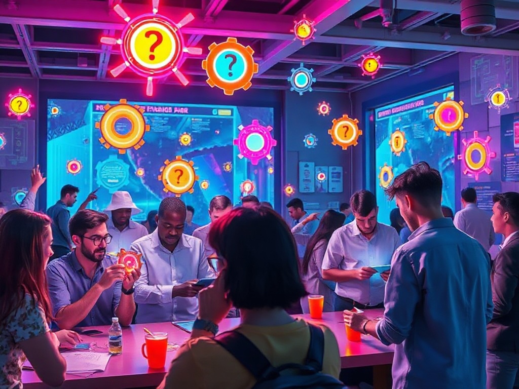 "A vibrant, futuristic puzzle hub. Diverse adults solving luminous, floating riddles; dynamic colors, neon-lit gears, brainwave motifs; inviting, energetic atmosphere."