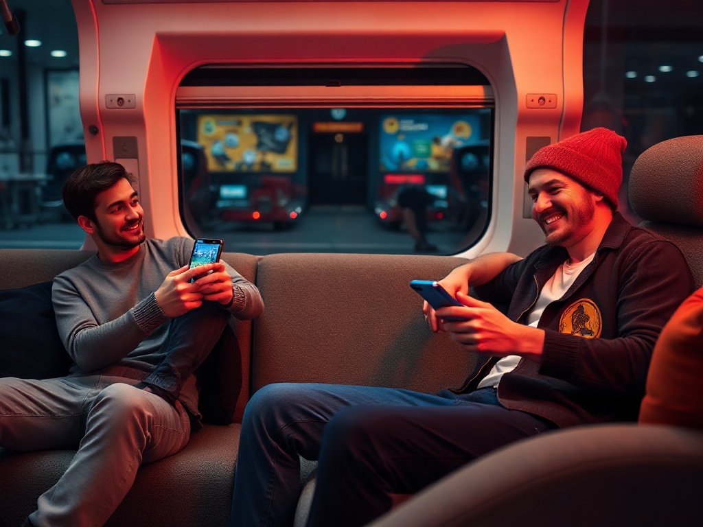"young men relaxing on couches and during commute, smiling, holding smartphones, vibrant casual game icons style interface glow, warm lighting, modern." "