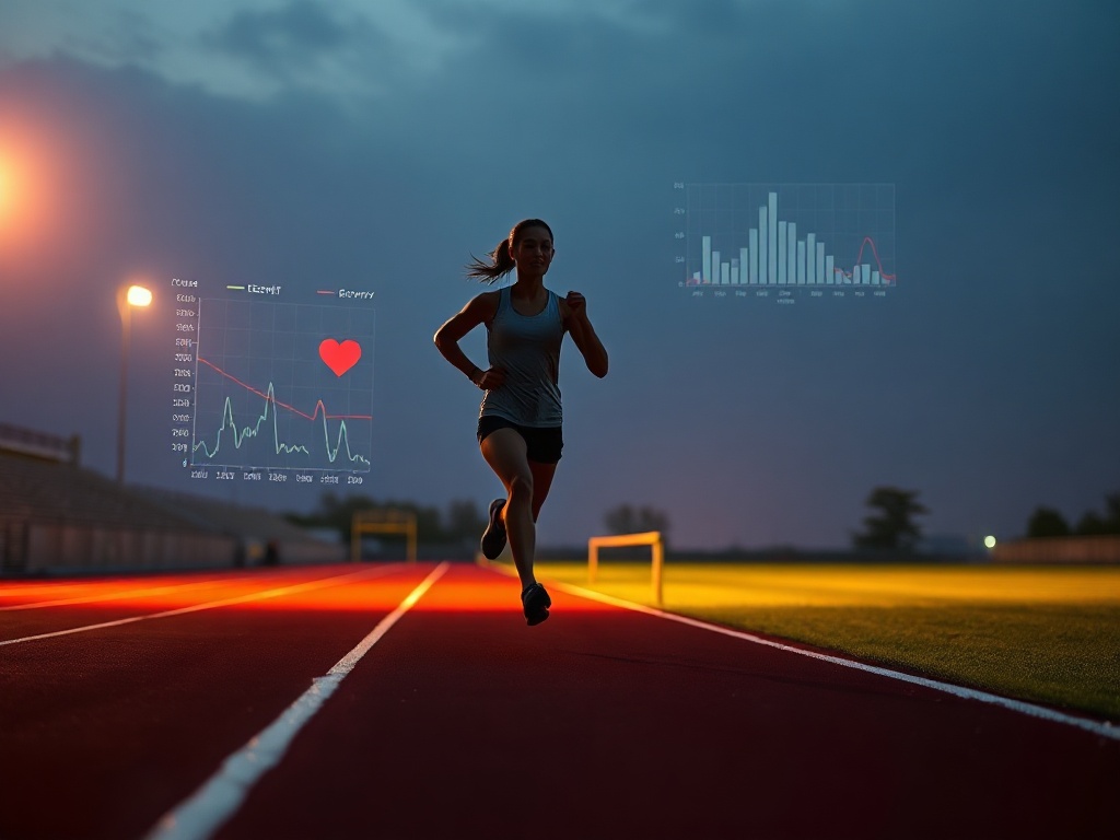 A supportive sports coach silhouette guiding a runner on a track; floating data graphs, heartbeat, training load, recovery glow; modern minimalist app atmosphere; dynamic lighting.