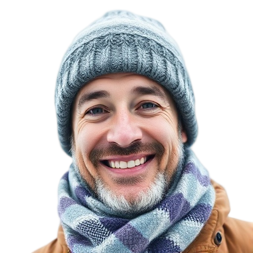 A smiling Tom, adventurous ice fisherman, wearing a winter beanie and scarf, with calm confident eyes, on a white background looking like: