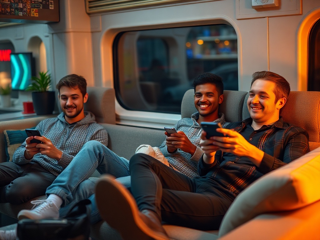 "young men relaxing on couches and during commute, smiling, holding smartphones, vibrant casual game icons style interface glow, warm lighting, modern." "