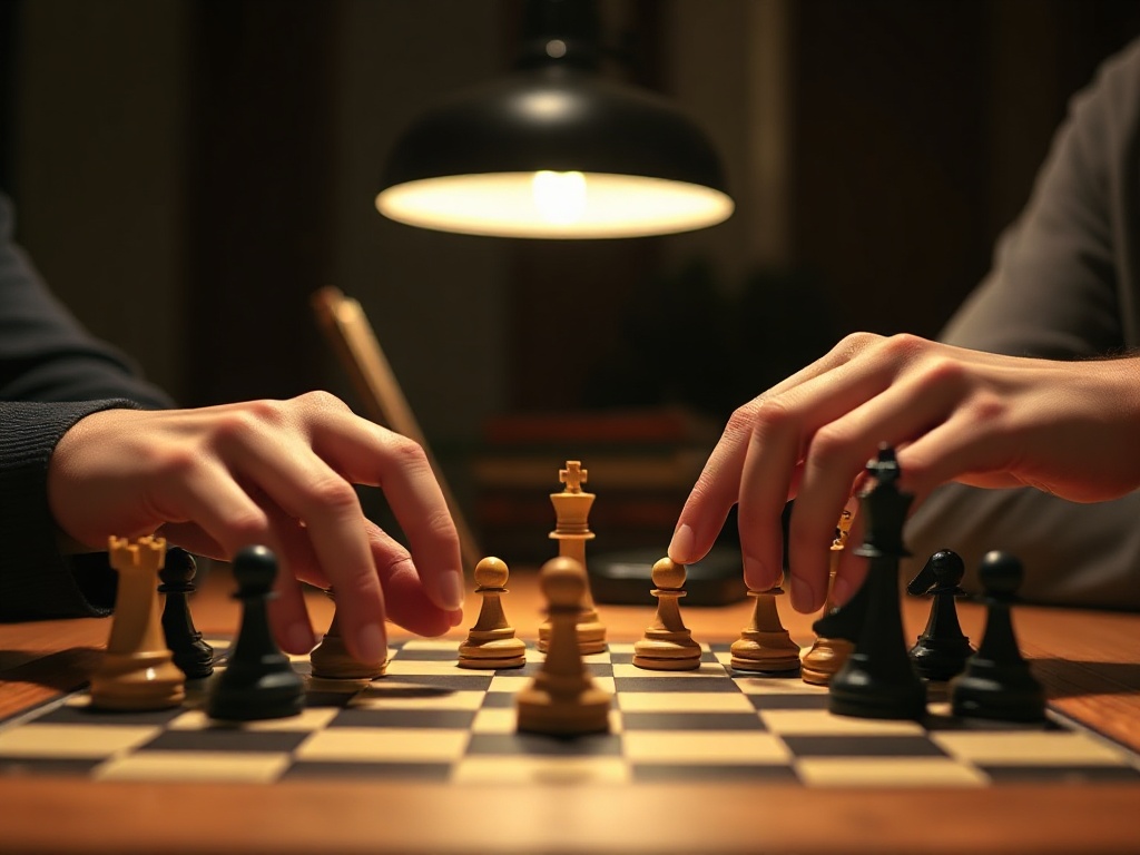 A modern casual chess scene “young adult hands” hovering over a sleek board “warm desk lamp glow” “focused, relaxed mood” “short-game vibe”