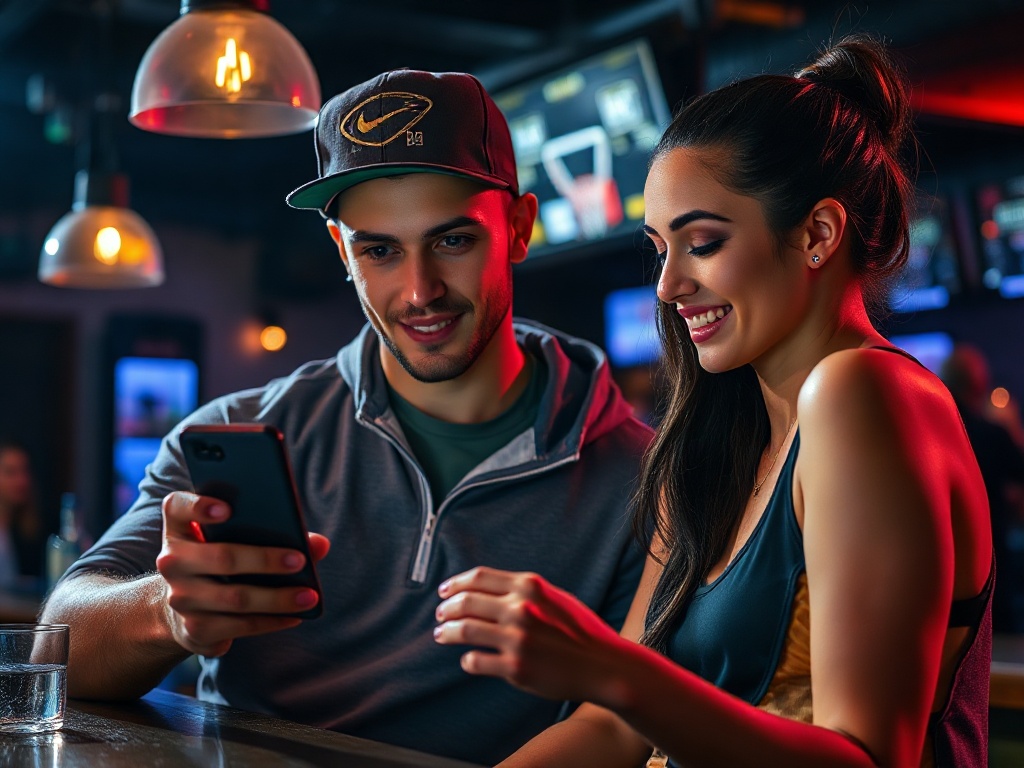 A sporty young man and woman in a bar, focused on a smartphone showing basketball real-time analytics, glowing charts, energetic night lighting." "You MUST not include ANY brand images or logos. You may ONLY reply with the format given. If you do NOT do s