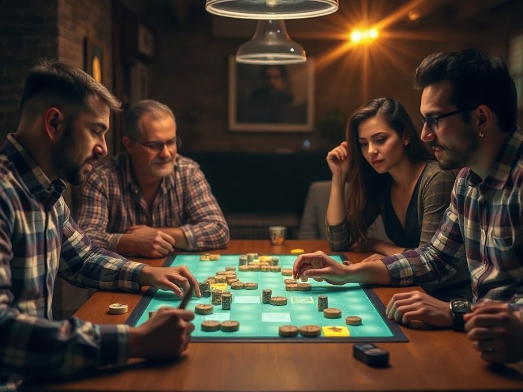 "Four diverse adult players around a table, glowing puzzle tiles, subtle scoreboard glow, warm ambient lighting, focused expressions, dynamic competition atmosphere, cinematic depth of field."