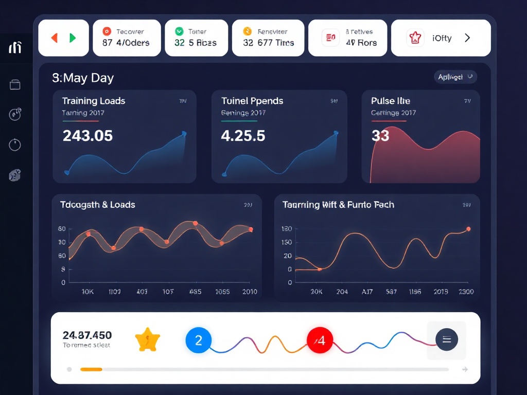 "interactive sports dashboard" "three glowing day cards" "charts turning into simple paths" "training load and recovery icons" "pulse line trends" "motivating upward motion"