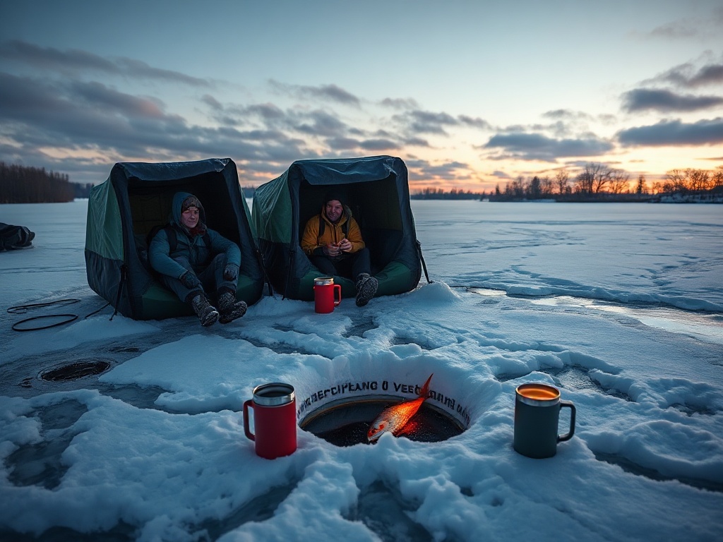 "Frozen Dutch lake at dawn, anglers in insulated shelters, ice hole with glowing jig, electronic finder lights, thermos mugs, snowy calm, dynamic winter adventure"