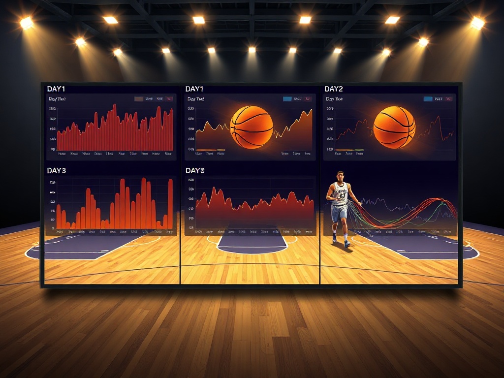 A split-screen basketball analytics dashboard "Day1 Day2 Day3" glow lines, live shot charts, passing networks, player heatmap, dynamic court background, modern flat style, no logos.