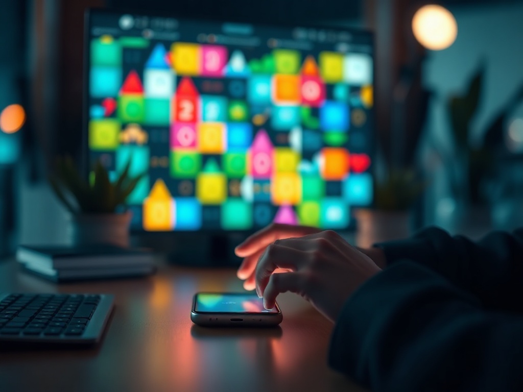 "modern adult puzzle game interface" "glowing tiles" "time pressure timerless blur" "focused hands on phone" "dynamic colorful patterns" "calm evening desk"